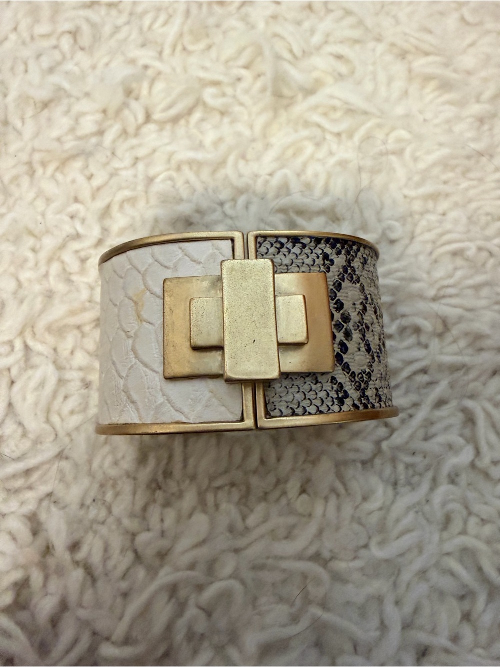 BCBGMaxAzria vintage White and Black Snakeskin-Pattern Gold Cuff Bracelet